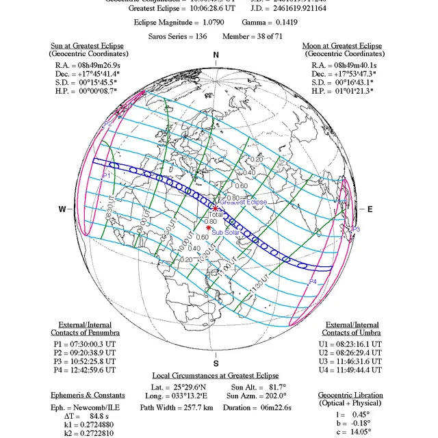 Orthographic map of Earth showing where the total solar eclipse of August 2, 2027 is visible (NASA GSFC).