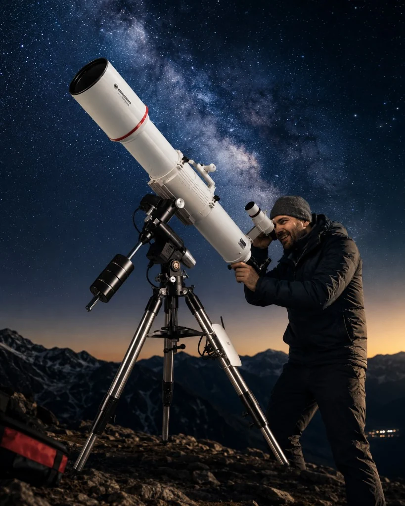 Astronomer using a BRESSER Messier AR-152L/1200 telescope under the Milky Way