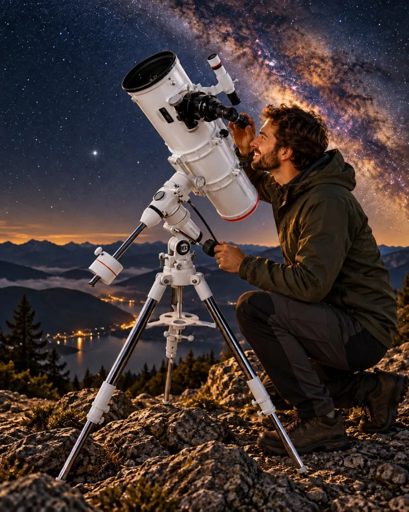 Astronomo con un BRESSER Messier NT-150S/750 sotto la Via Lattea